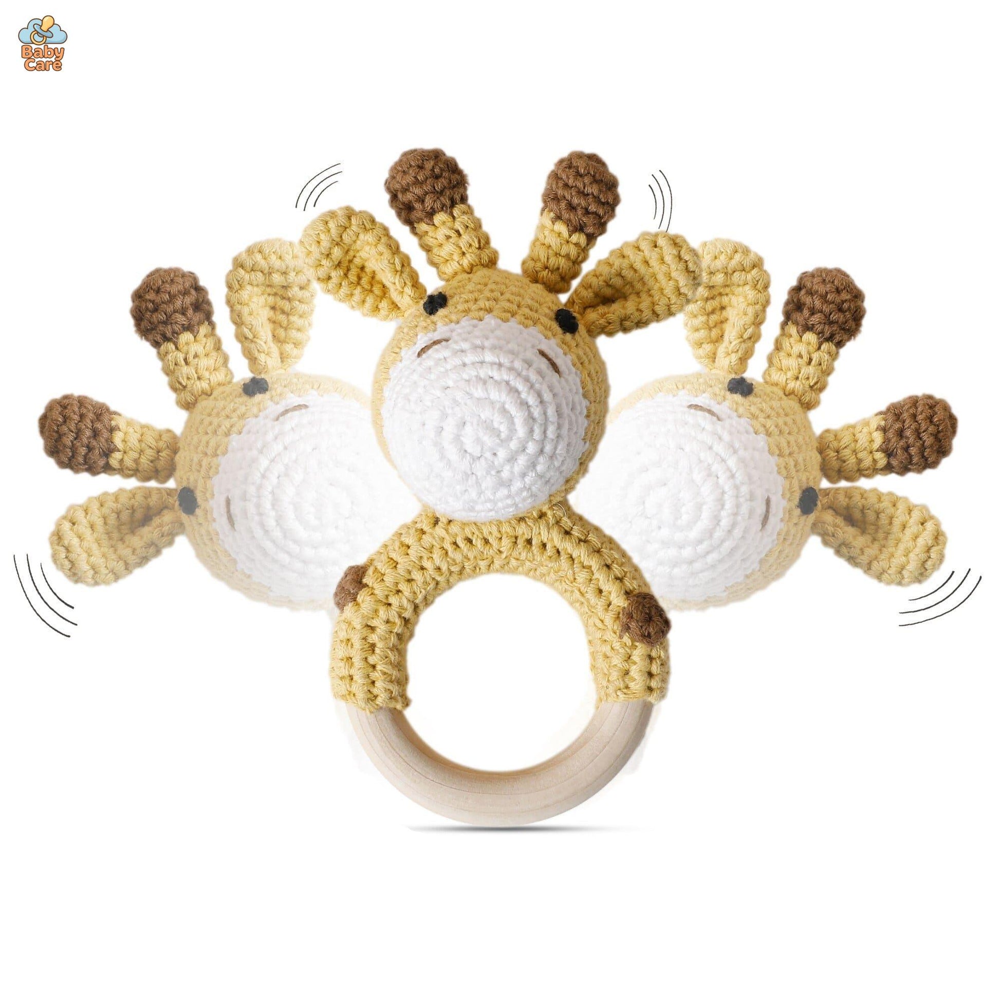 Hochet Nouveau Né Bois et Tricot Animaux Fait Main - zoom sur la matière