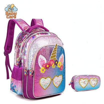 Cartable licorne sequin avec trousse - photo lifestyle