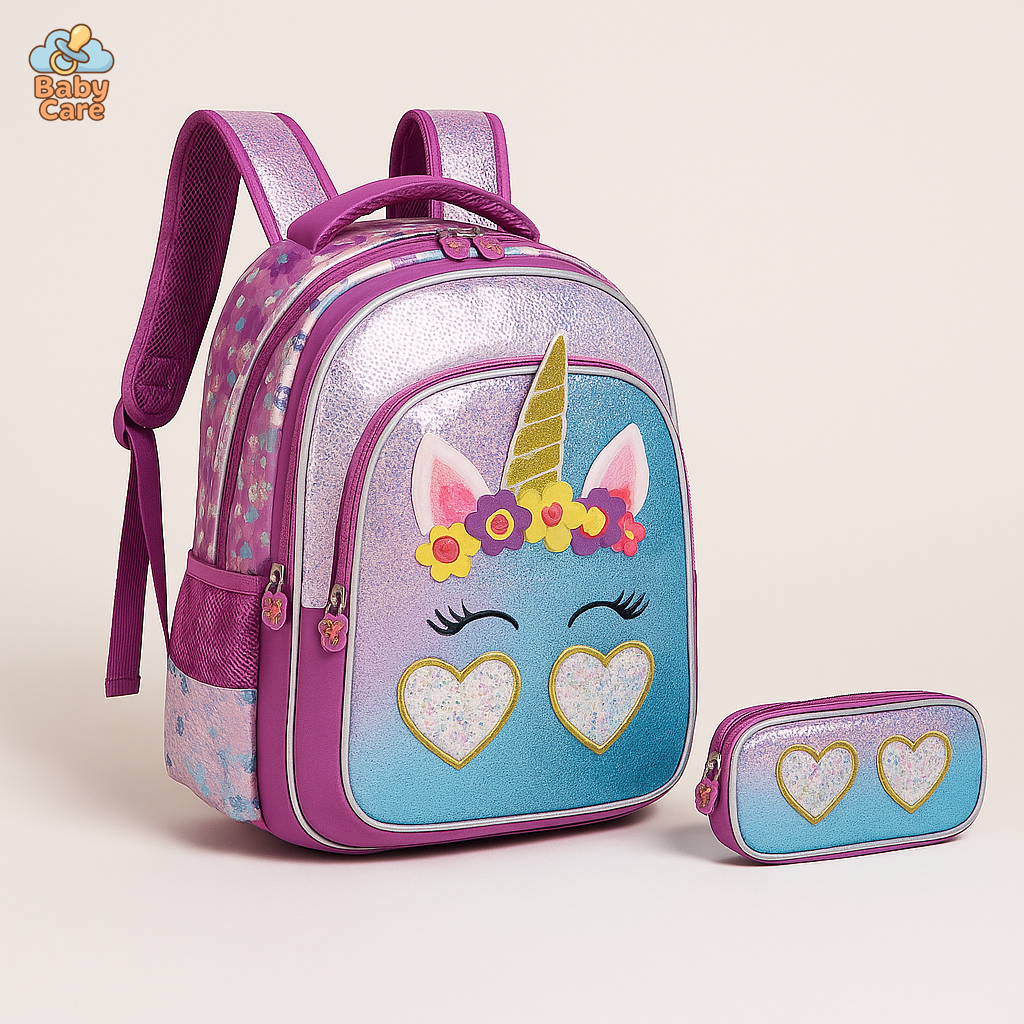 Cartable licorne sequin avec trousse - vue de face