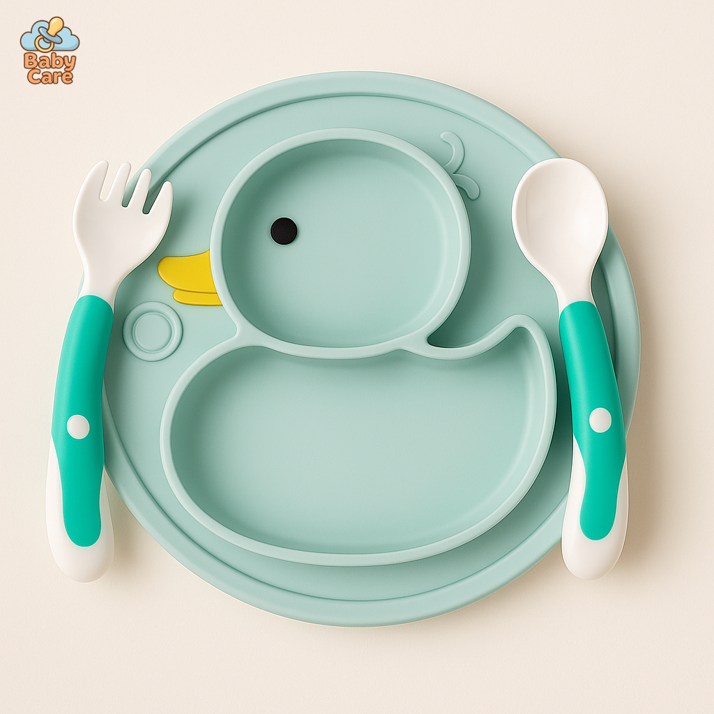 Coffret Repas Bébé en Silicone Canard |  Baby Care - vue de face