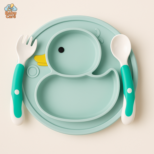Coffret Repas Bébé en Silicone Canard |  Baby Care - vue de face