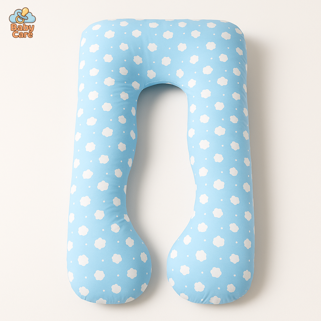 Grand Coussin de Grossesse Bleu avec nuages - vue de face