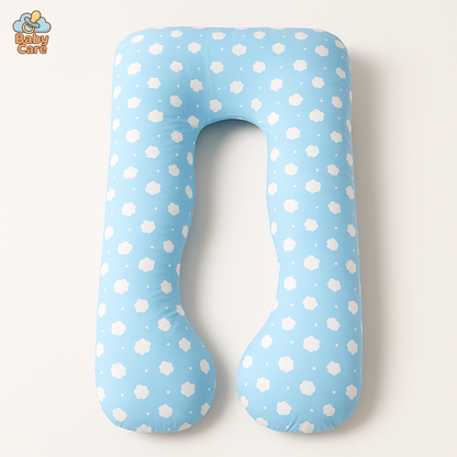 Grand Coussin de Grossesse Bleu avec nuages - vue de face