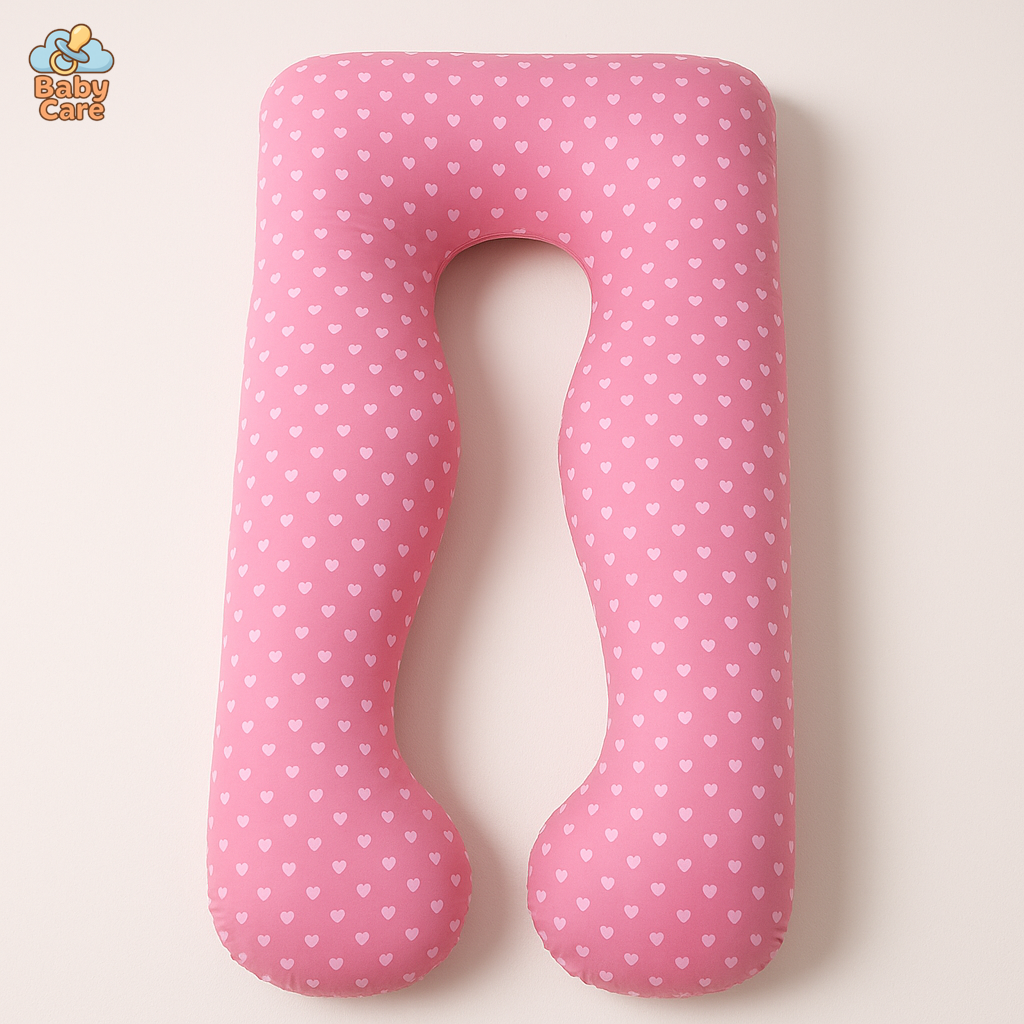 Grand Coussin de Grossesse Fuchsia avec petits cœurs - vue de face