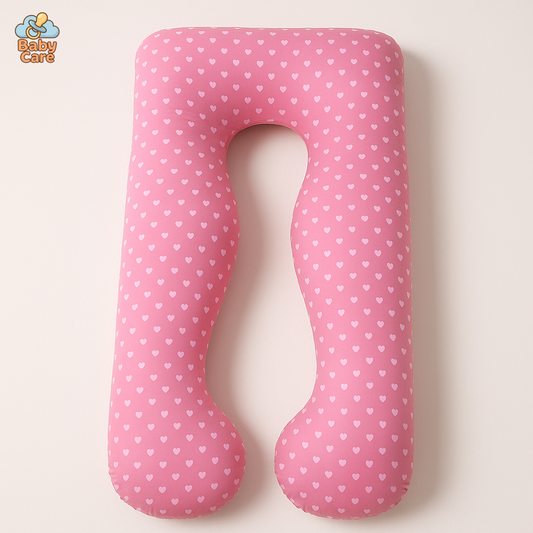 Grand Coussin de Grossesse Fuchsia avec petits cœurs - vue de face