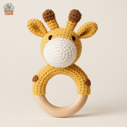 Hochet Nouveau Né Bois et Tricot Animaux Fait Main - vue de face