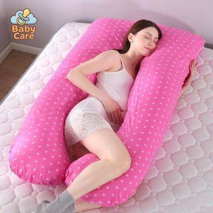 Grand Coussin de Grossesse Fuchsia avec petits cœurs - vue de profil